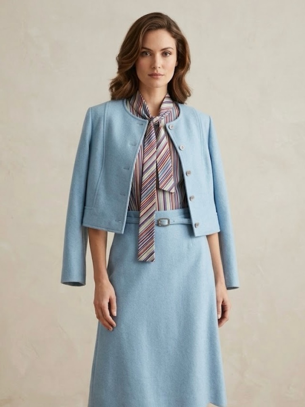 Light Blue Two-Piece Skirt Suit with Striped Scarf